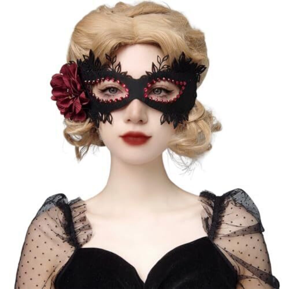 7978 Masquerade Ball Mask Red Flower Party Half Lace Rhinestone Masks Mardi